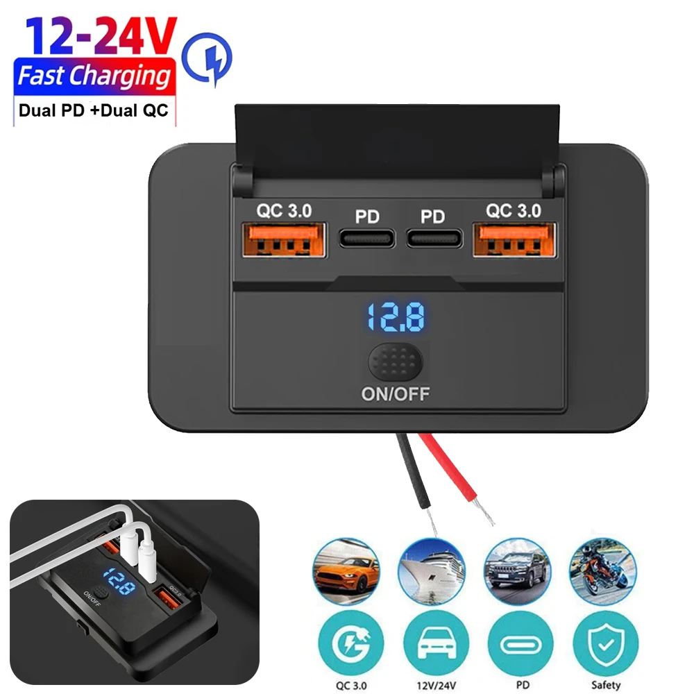 새로운 4 포트 자동차 충전기 소켓 패널 12V/24V RV USB 콘센트 듀얼 QC3.0 PD 자동차 버스 RV 트럭 용 고속 충전 소켓 액세서리