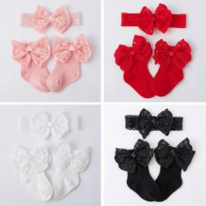 2 개/대 레이스 보우 아기 머리띠 양말 봄 가을 달콤한 소녀 탄성 헤어 밴드 모자를 쓰고 있죠 6-12 개월 유아 면화 중반 튜브 양말