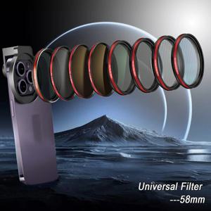 범용 금속 클립 휴대용 휴대폰 편광 렌즈, ND 블랙 미스트 골드 스트릭 CPL 필터, 원형 카메라 블랙 액세서리, 58mm