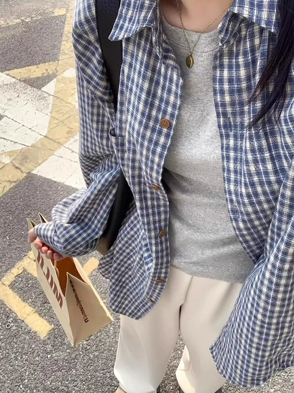 2025 겨울 신상 블루 체크 긴팔 셔츠 재킷 여성 루즈 얇은 자외선 차단 블라우스 탑 프렌치 스타일 폴로 칼라