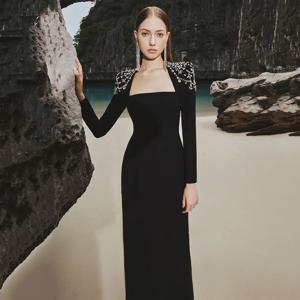 최신 유행 디자이너 베스티도 여성용 긴팔 스퀘어 넥 다이아몬드 비즈 장식 롱 맥시 드레스 웨딩 이브닝 정장 가운