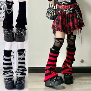 고딕 여성 스트라이프 레그 워머 블랙 화이트 로리타 롱삭스 니트 일본 겨울 양말 팔 발목 워머 와이드 레그 커버