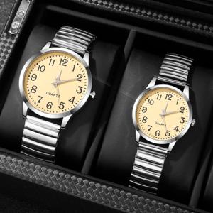 2PCS 커플 시계 패션 스테인리스 밴드 남녀 아날로그 쿼츠 시계 세트