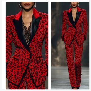 레오파드 레드 벨벳 여성 정장 세트 2피스 블레이저+바지 캣워크 포멀 오피스 레이디 재킷 코튼 웨딩 브라이드 코트 맞춤형