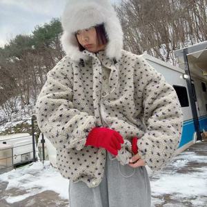 시크한 한국 스타일 하트 패턴 양털 코튼 재킷 여성 캐주얼 코트 긴 소매 지퍼 클로저 후드 겨울 외투