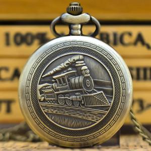 빈티지 청동 대합 조개 껍질 크리 에이 티브 기관차 조각 된 목걸이 석영 주머니 시계 남성과 여성 학생을위한 선물