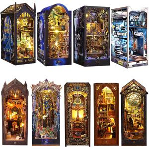 DIY 책 구석 선반 삽입 키트 3D 나무 퍼즐 인형 집 조립 건물 모델 북 엔드 가구 LED 라이트 크리스마스 선물