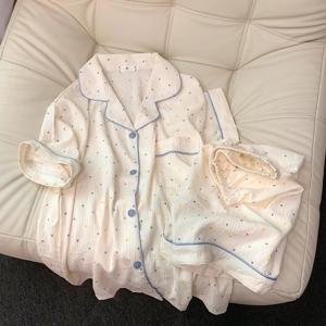 여성용 프린트 폴카 도트 면 잠옷 세트, 반팔 상의와 반바지 2피스 세트, 캐주얼하고 편안한 홈 세트, 달콤한