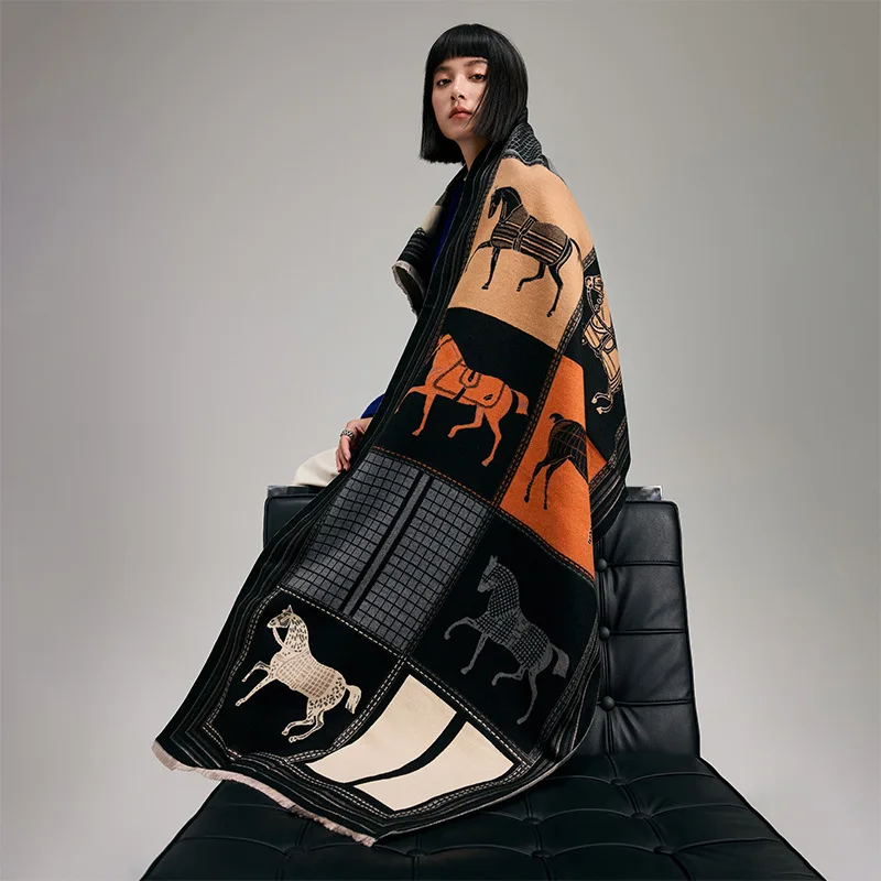 가을 겨울 스카프 여성 파시미나 숄 말 프린트 랩 캐시미어 담요 따뜻한 두꺼운 청키 스톨 여성용 야외 부판다