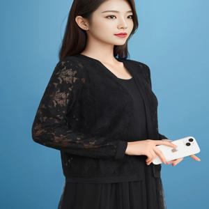 2025 신상 여름 레이스 긴팔 오픈 가디건 여성 아우터 얇은 스트랩 롱 드레스 셔츠 나일론 스판덱스 혼방