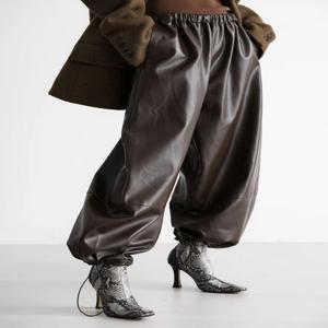 루즈핏 PU 가죽 랜턴 팬츠 드로스트링 바지 윈드 스타일 여성 패션 로우 웨이스트 와이드 레그 롱 팬츠 가을 2025