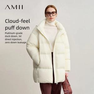 아미 다운 코트 여성 2025 겨울 신상 루즈핏 탈부착 후드 지퍼 따뜻한 긴 소매 단색 오리털 다운 재킷 12524011