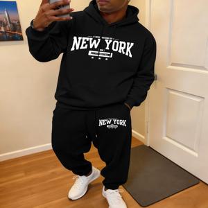 2피스 후드티 세트 남성용 뉴욕 바쁜 도시 프린트 스웨트팬츠 가을 플리스 따뜻한 포켓 조깅복 캐주얼 루즈핏 의류