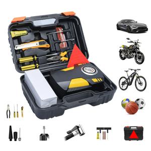 12V 차량용 전동 에어펌프 타이어 공기 주입기 휴대용 에어 컴프레서 충전식 타이어 펌프 3개 노즐 및 LED 라이트 포함