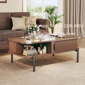 맞춤형 커피 테이블, 미드 센추리 모던, 수납형 오픈 선반 커피 테이블, 슬라이딩 캐비닛 도어가 있는 플루티드 테이블