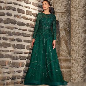 여성용 절묘한 O-넥 긴팔 이브닝 원피스, A-라인 바닥 길이, 반짝이는 구슬 장식, 벨트 하이 퀄리티, 맞춤형 가운