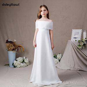 Dideyttawl 맞춤형 화이트 오프 숄더 쉬폰 소녀 원피스 주니어 신부 들러리 가운, A 라인 바닥 길이 첫 성찬식