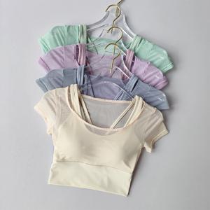 여성용 필라테스 훈련 피트니스 슈트 가슴 쿠션 요가 슈트 탑 빠른 건조 하이 엔드 느낌 스포츠 반팔 통기성