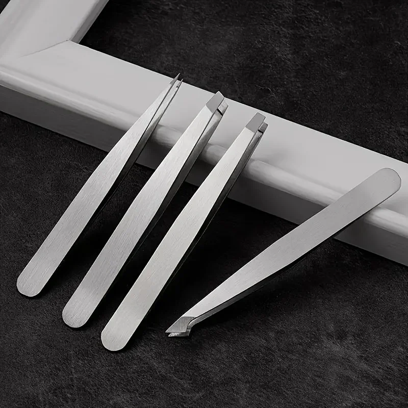 4피스 전문가용 핀셋 세트 눈썹 제모, 수염 제거, 스테인레스 스틸 각진 핀셋 도구 제모 도구