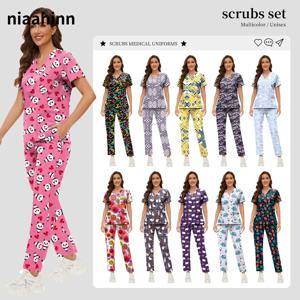 여성용 트렌디 프린트 스크럽 세트, 의료용 유니폼, 스트레치 소프트 병원 상의 바지, 애완 동물 클리닉 의사 코스튬, 간호사 액세서리