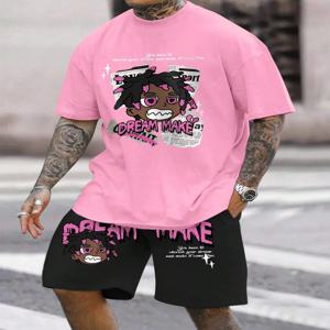 만화 캐릭터와 문자 패턴이 프린트된 남성용 라운드넥 캐주얼 여름 티셔츠, 가볍고 통기성이 좋은 짧은 SL