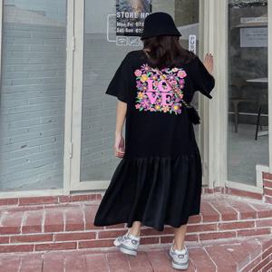 플러스 사이즈 블랙 루즈핏 여름 원피스 여성 의류 편안한 얇은 스타일 살 커버 하이웨이스트 출퇴근 스타일 반팔