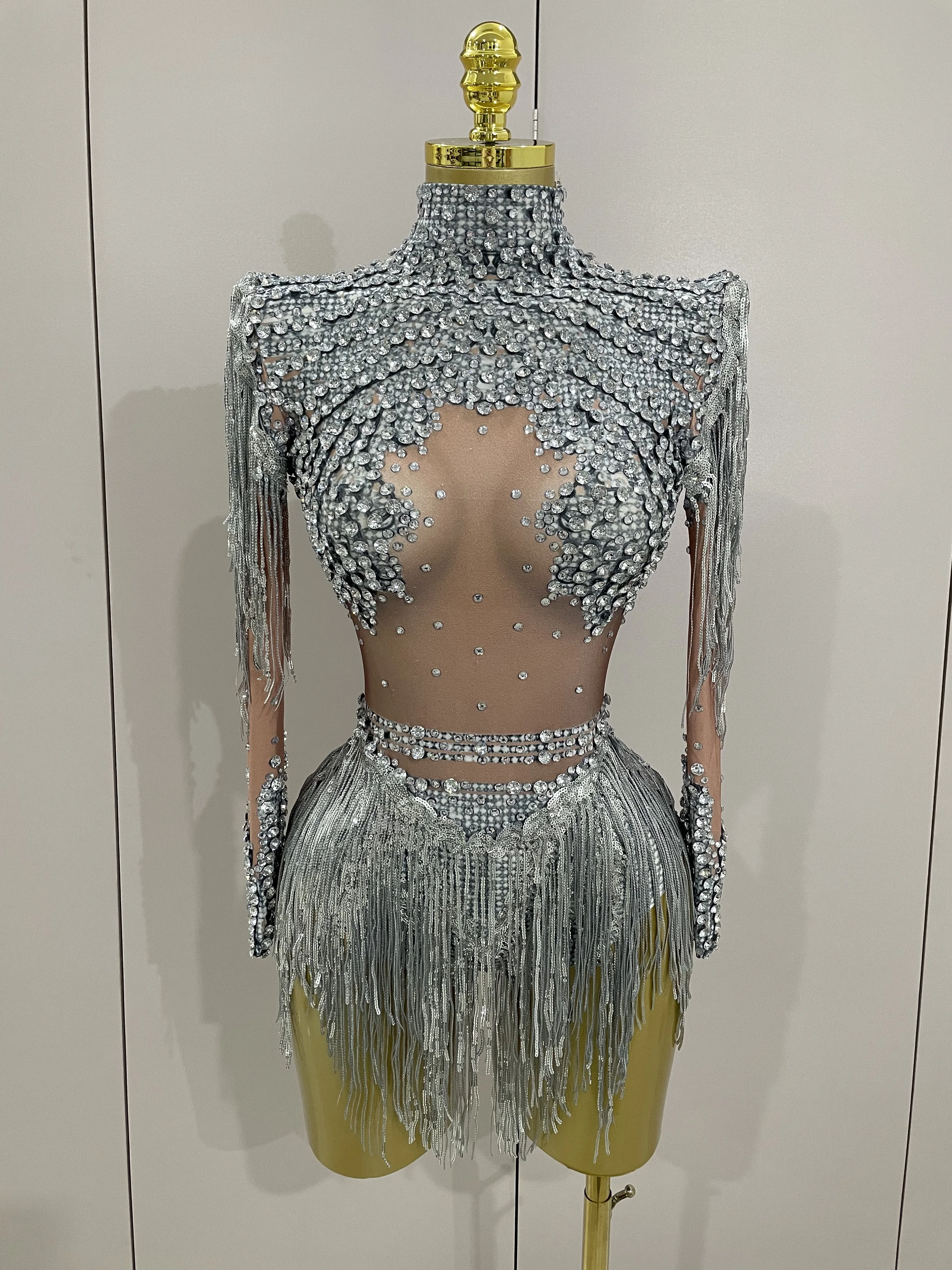 여성 반짝 이는 라인 석 스팽글 술 스트레치 바디 슈트 2025 새로운 도착 생일 파티 나이트 클럽 Dj 무대 공연 의상