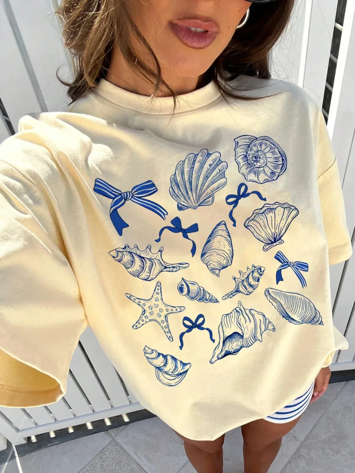 여름 미국 복고풍 Y2k 해양 동물 조가비 활 패턴 티셔츠 여성 느슨한 라운드 넥 스트리트 의류 반팔 탑