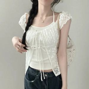 여름 여성 레이스 플로럴 프린트 반팔 쉬폰 탑 한국 디자인 감각 미니 투피스 넥 홀터 벨티드 숏 셔츠