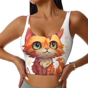 여성용 스포츠 브라, U 백 탈착식 여성용 탱크 탑 오렌지 고양이 웃긴 요가 프린트 운동 브라