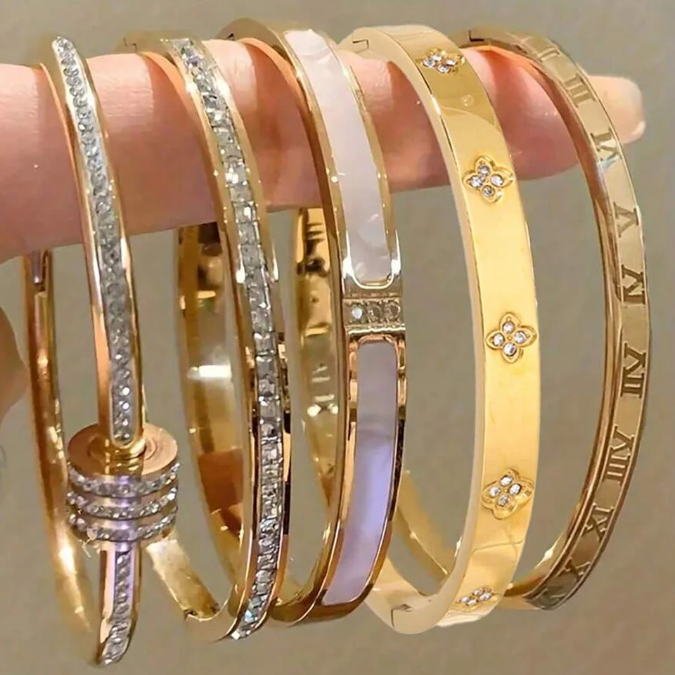 ZAKOL 5/1pcs 여성을위한 반짝 이는 지르코니아 상감 스테인레스 스틸 팔찌 세트 쌓을 수있는 Bangles 패션 비 페이딩 쥬얼리 선물
