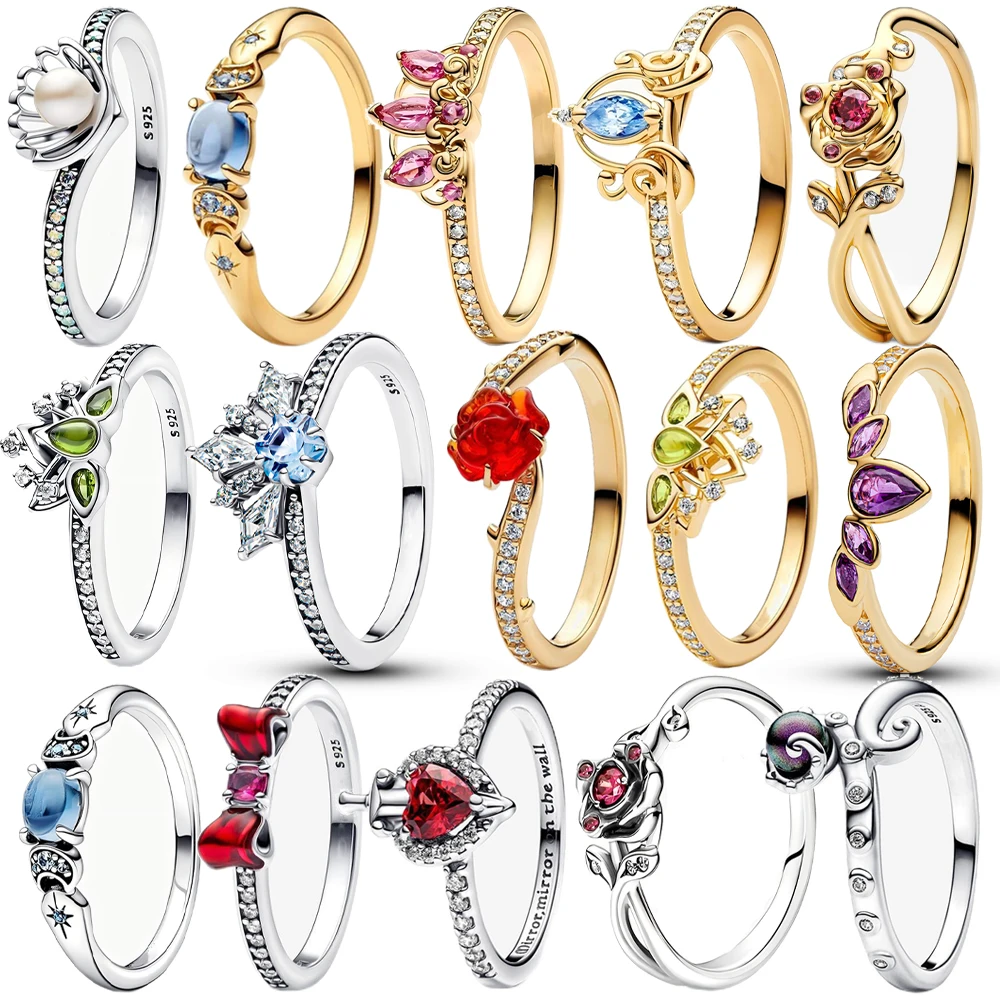 HOT 925 스털링 실버 모든 프린세스 시리즈 티아나 티아라, 알라딘 자스민, 라푼젤 티아라 반지 여성용 파티 주얼리