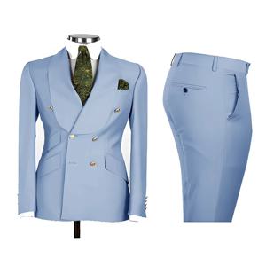 연한 파란색 남성 정장 시크한 더블 브레스티드 블레이저 피크 라펠 우아한 포멀 세트 남성용 2피스 재킷 바지 웨딩 신랑 턱시도