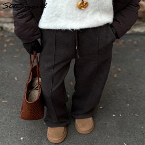 기모바지 여성, 스트림걸 여성용 두꺼운 따뜻한 스트레이트 팬츠 오피스 브라운 와이드 레그 바지 하이웨이스트 여성용 루즈 팬츠 봄용, 와이드 팬츠, 겨울바지여성