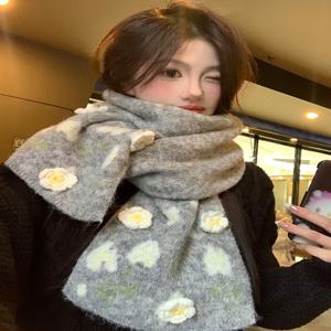 두꺼운 니트 티 로즈 스카프 여성용 겨울 따뜻한 목 보호 한국 스타일 다용도 스카프 긴 직사각형 모양 스카프