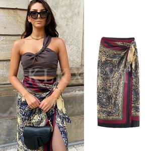 여성 랩 스커트 2025 여성 가을 신상 패션 프린트 하이웨이스트 리본 장식 롱 스커트 여성 우아한 파티 스커트