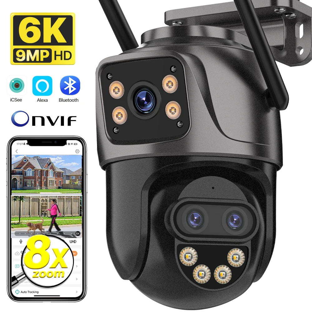 IP 카메라 6K 9MP HD WiFi 야외 카메라 8x 줌 3 렌즈 듀얼 스크린 홈 보안 PTZ 카메라 6MP 비디오 감시 iCSee