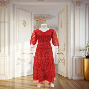우아하고 우아한 기질 가벼운 럭셔리 어머니의 원피스 레드 레이스 네일 비드 이브닝 원피스