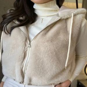 여성용 시크한 겨울 패션 루즈 퍼 베스트 코트 후드 캐주얼 다용도 인조 밍크 퍼 재킷 짧은 지퍼 한국 스타일