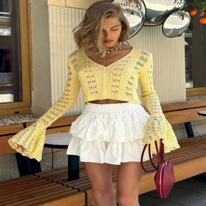 Tossy Knitwear Hollow Out 스웨터 카디건 여성 v 넥 긴 소매 시스루 크롭 탑 여름 니트 패치 워크 카디건 탑