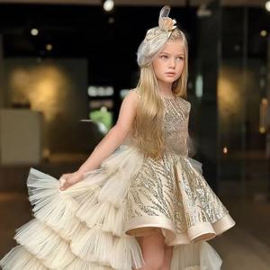 여자 이브닝 드레스 민소매 스팽글 자수 가운 계층화 된 Tulle 비대칭 밑단 공식 파티 드레스 Kids Pageant Costume Wit