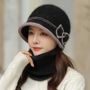 패션 여성 페도라 다이아몬드 보우 따뜻한 모자 우아한 플리스 두꺼운 마더 캡 네커치프 가을 겨울 투피스 세트