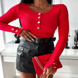 2025 우아하고 섹시한 티셔츠 풀오버 탑 스퀘어넥 긴팔 하프 하트 버튼 티 슬림핏 골지 레이어링 탑