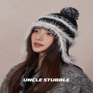 한국 스타일 퍼리 레이펑 캡 니트 볼 햇 여성용 귀 보호 가을 겨울 방풍 터틀넥 모자 I.Turtle 브랜드