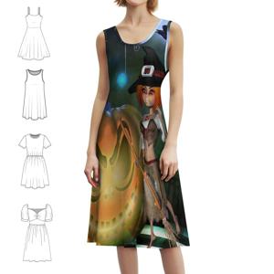 밤에 호박을 든 귀여운 작은 마녀 보헤미안 민소매 드레스 멀티 프린트 해변 휴가 파티 드레스 할로윈 호박