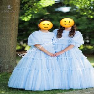 연청 얇은 명주 그물 꽃 소녀 드레스, 반팔 푹신한 신부 들러리 소녀, 생일 무도회 첫 성찬식 가운