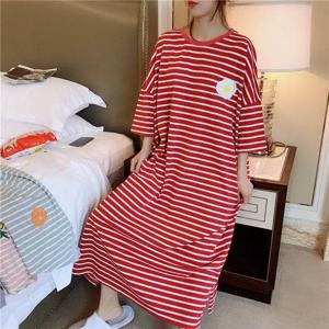 플러스 사이즈 여성용 잠옷 여름 루즈핏 임부복 패드 내장 긴팔 라운드넥 홈웨어 편안한 수면복