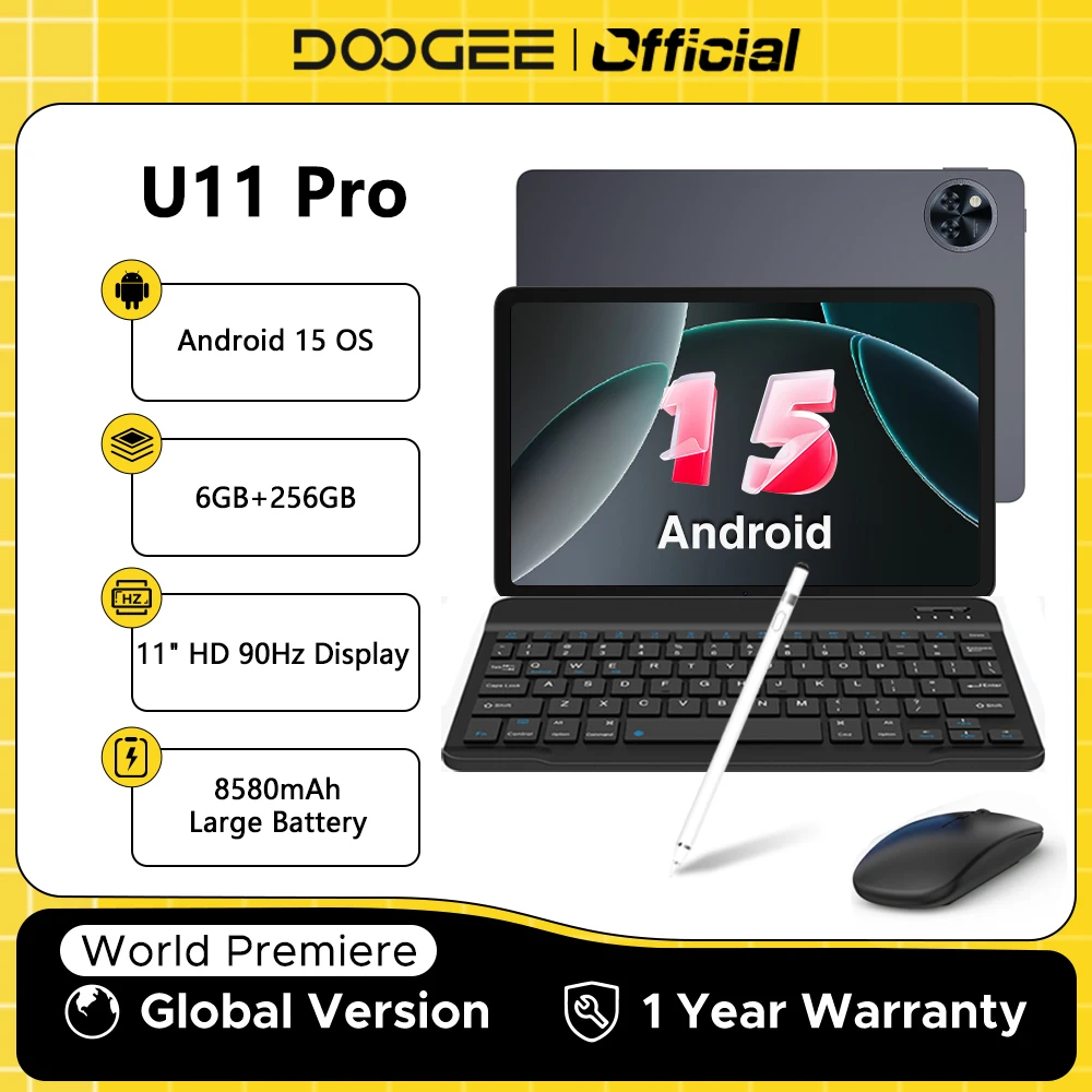 글로벌 버전 DOOGEE U11 Pro 안드로이드 15 태블릿 PC 11인치 울트라 클리어 90Hz 디스플레이 30GB(6 + 24) 256GB 8580mAh 배터리 태블릿