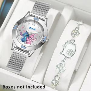 디즈니 스티치 만화 여성 시계 스틸 벨트 고품질 다이아몬드 쿼츠 시계 헬로 키티 팔찌와 숙녀 소녀 손목 시계