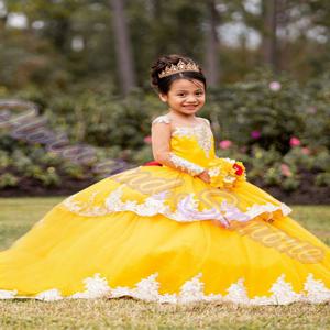 맞춤형 황금빛 화려한 자수 긴소매 바닥 길이 공주 드레스 꽃 소녀 드레스 생일 공식 행사용